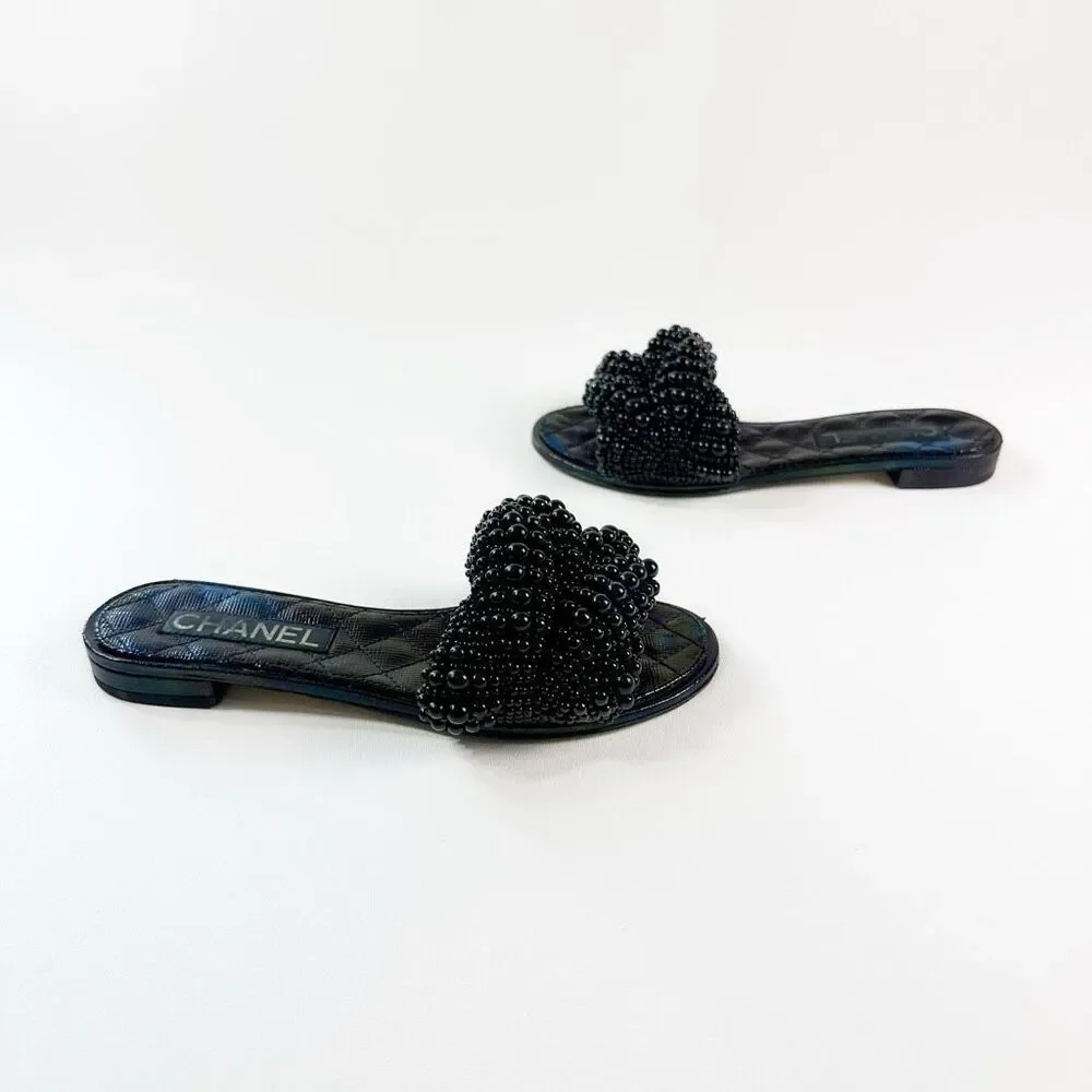 CHANEL Black Fantasy Pearl Cord Sandals Size 37 Mules Open Toe Slides CC Flat